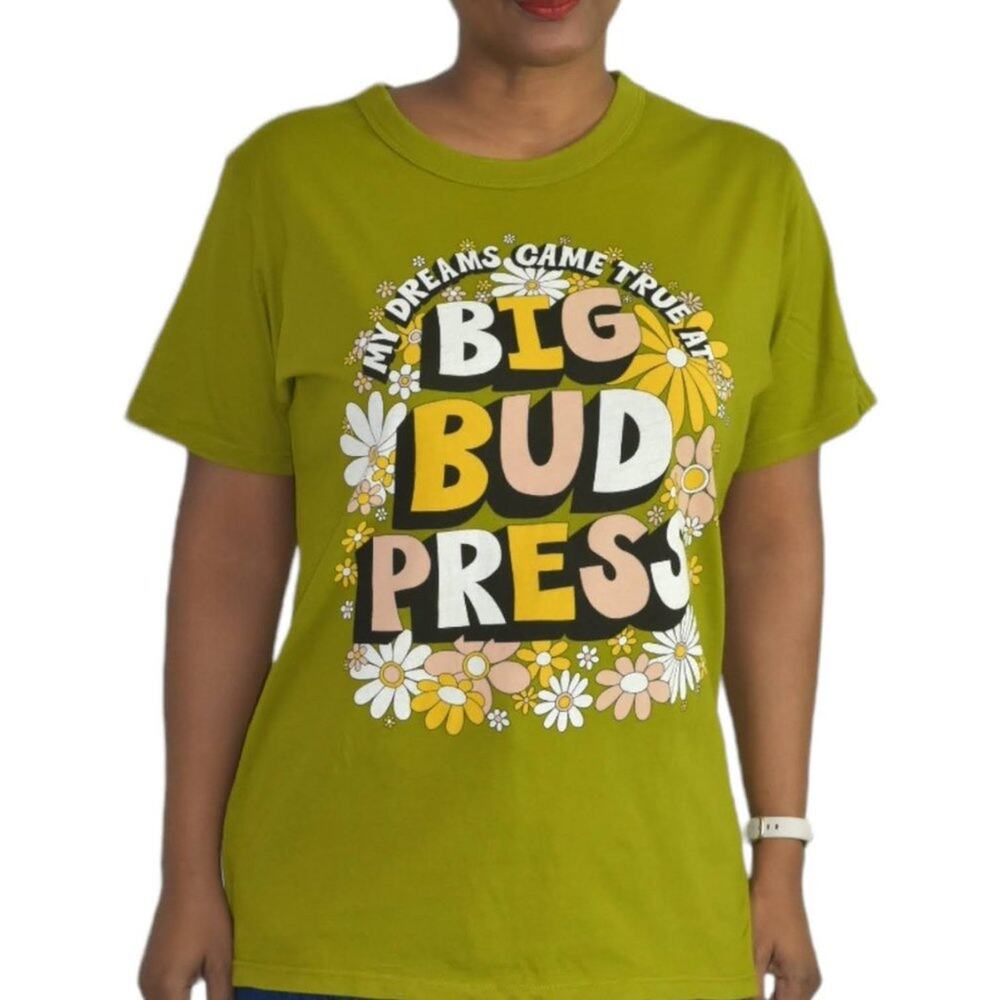 Big Bud Press Graphic Tee Green Retro Flower Short Sleeve T Shirt Size Small